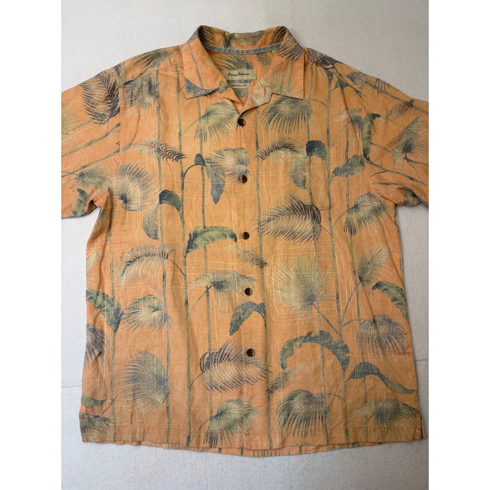 Tommy Bahama Mens Large Silk Tropical Palm Leaf Shirt Salmon Original Fit SS
